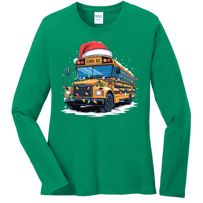 School Bus Christmas Tree Cute Santa Hat Lights Xmas Ladies Long Sleeve Shirt