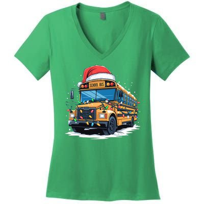 School Bus Christmas Tree Cute Santa Hat Lights Xmas Women's V-Neck T-Shirt