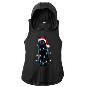 Santa Black Cat Tangled Up In Christmas Tree Lights Holiday Gift Ladies PosiCharge Tri-Blend Wicking Draft Hoodie Tank