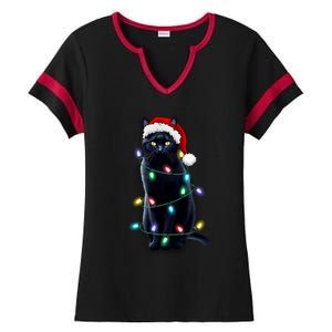 Santa Black Cat Tangled Up In Christmas Tree Lights Holiday Gift Ladies Halftime Notch Neck Tee