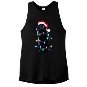 Santa Black Cat Tangled Up In Christmas Tree Lights Holiday Gift Ladies PosiCharge Tri-Blend Wicking Tank