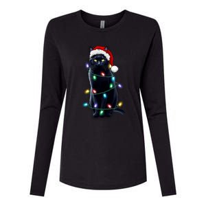 Santa Black Cat Tangled Up In Christmas Tree Lights Holiday Gift Womens Cotton Relaxed Long Sleeve T-Shirt