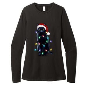 Santa Black Cat Tangled Up In Christmas Tree Lights Holiday Gift Womens CVC Long Sleeve Shirt