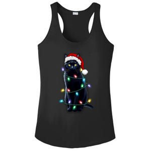 Santa Black Cat Tangled Up In Christmas Tree Lights Holiday Gift Ladies PosiCharge Competitor Racerback Tank