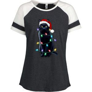 Santa Black Cat Tangled Up In Christmas Tree Lights Holiday Gift Enza Ladies Jersey Colorblock Tee