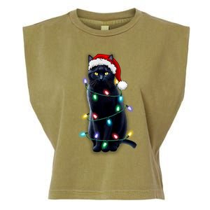 Santa Black Cat Tangled Up In Christmas Tree Lights Holiday Gift Garment-Dyed Women's Muscle Tee