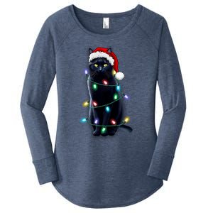 Santa Black Cat Tangled Up In Christmas Tree Lights Holiday Gift Women's Perfect Tri Tunic Long Sleeve Shirt