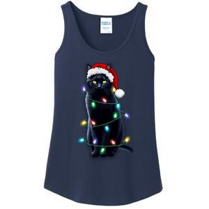 Santa Black Cat Tangled Up In Christmas Tree Lights Holiday Gift Ladies Essential Tank