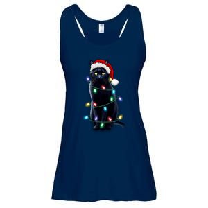 Santa Black Cat Tangled Up In Christmas Tree Lights Holiday Gift Ladies Essential Flowy Tank