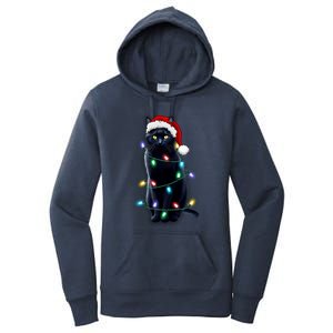 Santa Black Cat Tangled Up In Christmas Tree Lights Holiday Gift Women's Pullover Hoodie