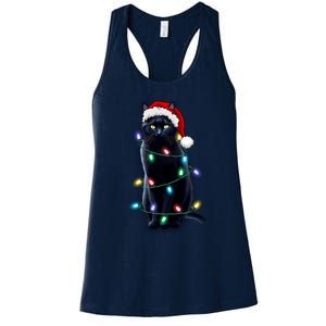 Santa Black Cat Tangled Up In Christmas Tree Lights Holiday Gift Women's Racerback Tank