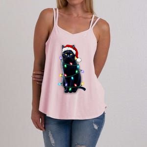 Santa Black Cat Tangled Up In Christmas Tree Lights Holiday Gift Women's Strappy Tank