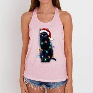 Santa Black Cat Tangled Up In Christmas Tree Lights Holiday Gift Women's Knotted Racerback Tank