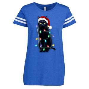 Santa Black Cat Tangled Up In Christmas Tree Lights Holiday Gift Enza Ladies Jersey Football T-Shirt