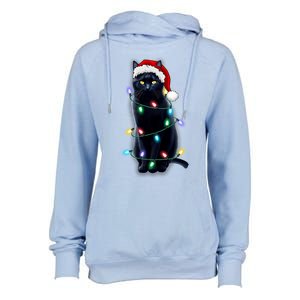 Santa Black Cat Tangled Up In Christmas Tree Lights Holiday Gift Womens Funnel Neck Pullover Hood