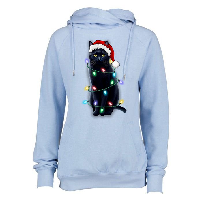 Santa Black Cat Tangled Up In Christmas Tree Lights Holiday Gift Womens Funnel Neck Pullover Hood