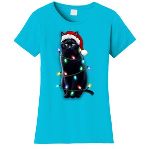 Santa Black Cat Tangled Up In Christmas Tree Lights Holiday Gift Women's T-Shirt