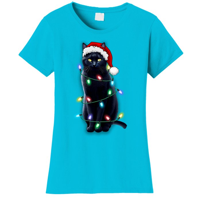 Santa Black Cat Tangled Up In Christmas Tree Lights Holiday Gift Women's T-Shirt