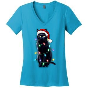 Santa Black Cat Tangled Up In Christmas Tree Lights Holiday Gift Women's V-Neck T-Shirt