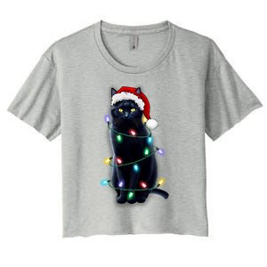 Santa Black Cat Tangled Up In Christmas Tree Lights Holiday Gift Women's Crop Top Tee