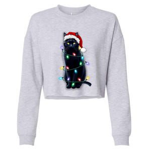 Santa Black Cat Tangled Up In Christmas Tree Lights Holiday Gift Cropped Pullover Crew