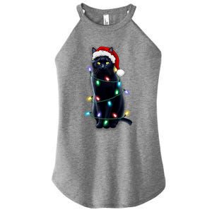 Santa Black Cat Tangled Up In Christmas Tree Lights Holiday Gift Women's Perfect Tri Rocker Tank