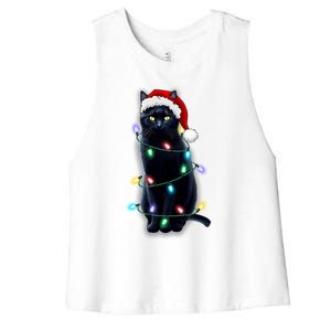 Santa Black Cat Tangled Up In Christmas Tree Lights Holiday Gift Women's Racerback Cropped Tank