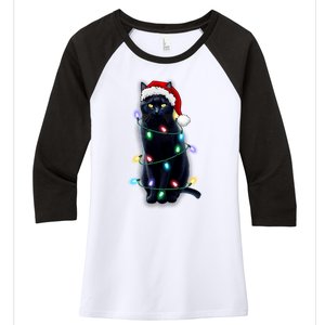 Santa Black Cat Tangled Up In Christmas Tree Lights Holiday Gift Women's Tri-Blend 3/4-Sleeve Raglan Shirt