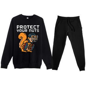 Squirrel Baseball Catcher Protect Your Nuts Premium Crewneck Sweatsuit Set