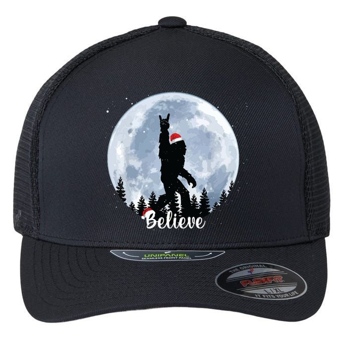 Santa Bigfoot Christmas Rock Roll Sasquatch Believe Xmas Flexfit Unipanel Trucker Cap