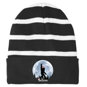 Santa Bigfoot Christmas Rock Roll Sasquatch Believe Xmas Striped Beanie with Solid Band