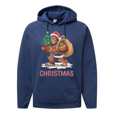 Santa Bigfoot Christmas Lights Funny Sasquatch Believe Xmas Performance Fleece Hoodie