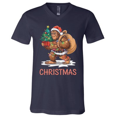 Santa Bigfoot Christmas Lights Funny Sasquatch Believe Xmas V-Neck T-Shirt