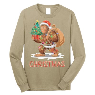 Santa Bigfoot Christmas Lights Funny Sasquatch Believe Xmas Long Sleeve Shirt