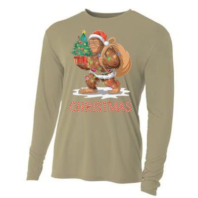 Santa Bigfoot Christmas Lights Funny Sasquatch Believe Xmas Cooling Performance Long Sleeve Crew