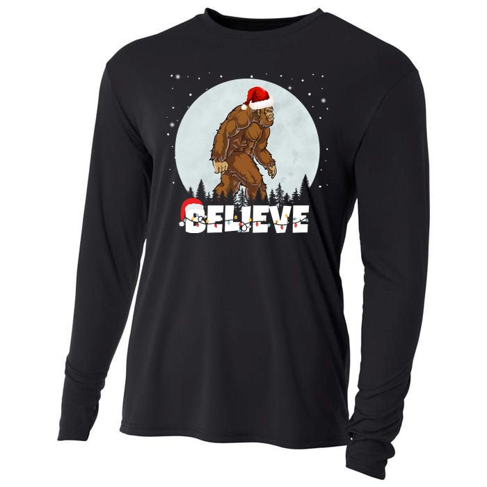 Santa Bigfoot Christmas Rock Funny Sasquatch Believe Cooling Performance Long Sleeve Crew