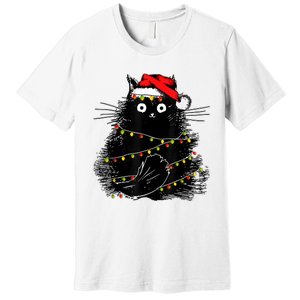 Santa Black Cat Tangled Up In Christmas Tree Lights Holiday Premium T-Shirt