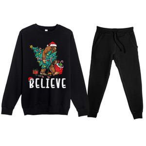 Santa Bigfoot Christmas Lights Funny Sasquatch Believe Xmas Premium Crewneck Sweatsuit Set