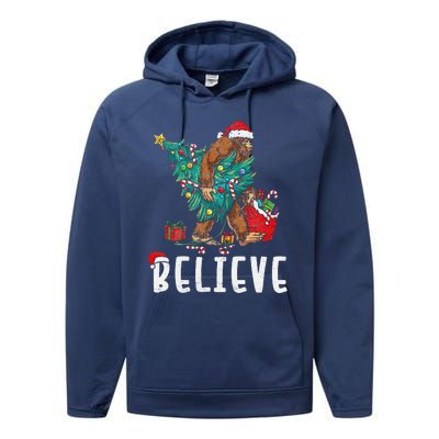 Santa Bigfoot Christmas Lights Funny Sasquatch Believe Xmas Performance Fleece Hoodie