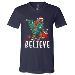 Santa Bigfoot Christmas Lights Funny Sasquatch Believe Xmas V-Neck T-Shirt