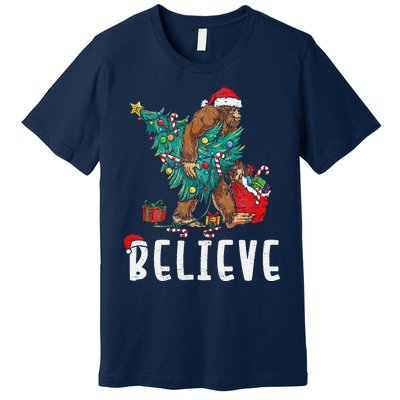 Santa Bigfoot Christmas Lights Funny Sasquatch Believe Xmas Premium T-Shirt