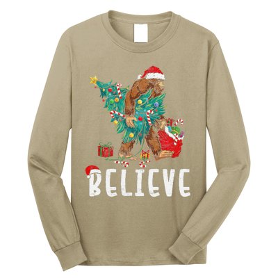 Santa Bigfoot Christmas Lights Funny Sasquatch Believe Xmas Long Sleeve Shirt