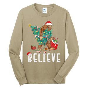 Santa Bigfoot Christmas Lights Funny Sasquatch Believe Xmas Tall Long Sleeve T-Shirt