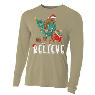 Santa Bigfoot Christmas Lights Funny Sasquatch Believe Xmas Cooling Performance Long Sleeve Crew