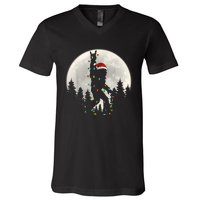 Santa Bigfoot Christmas Lights Funny Xmas Sasquatch V-Neck T-Shirt