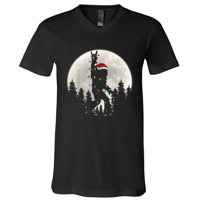 Santa Bigfoot Christmas Lights Funny Xmas Sasquatch V-Neck T-Shirt