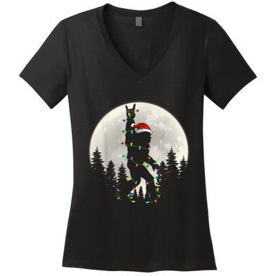 Santa Bigfoot Christmas Lights Funny Xmas Sasquatch Women's V-Neck T-Shirt