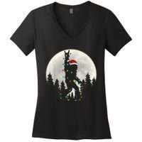 Santa Bigfoot Christmas Lights Funny Xmas Sasquatch Women's V-Neck T-Shirt