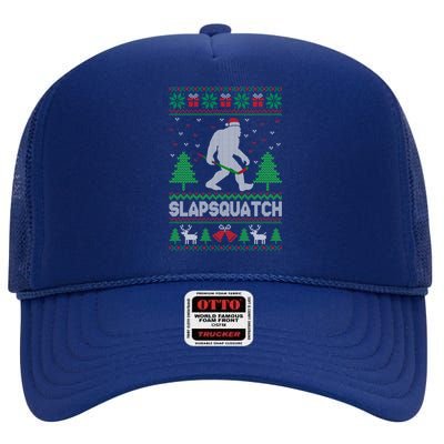 Slapsquatch Bigfoot Carrying A Hockey Stick Ugly Christmas Great Gift High Crown Mesh Back Trucker Hat