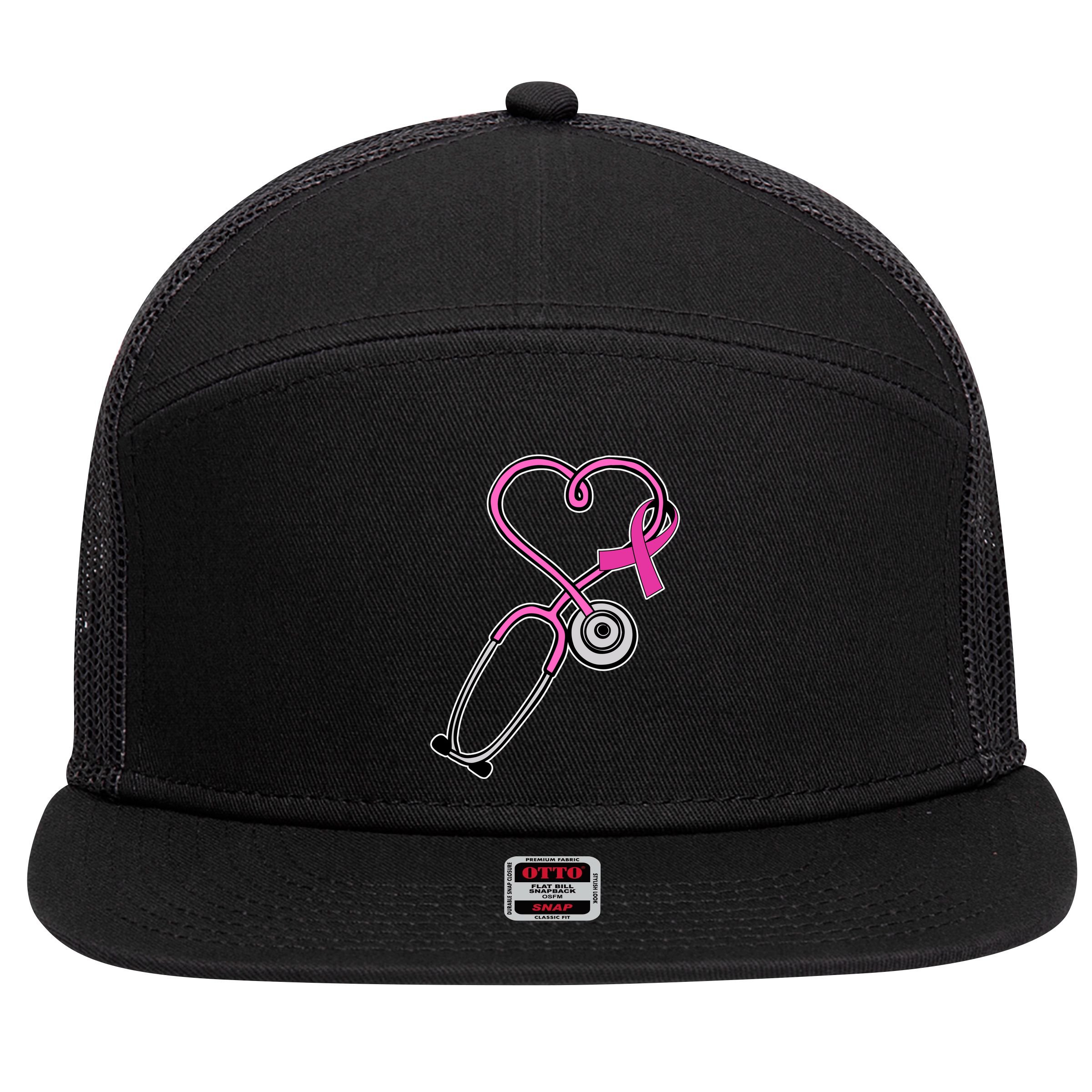Stethoscope Breast Cancer Awareness Ribbon 7 Panel Mesh Trucker Snapback Hat